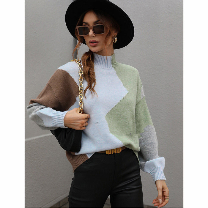 Suéter de punto holgado con cuello redondo y bloques de color nuevo para mujer