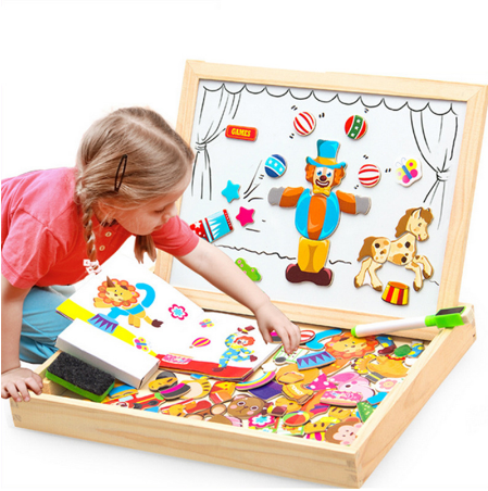 Quebra-cabeça magnético de madeira brinquedos crianças 3d caixa de quebra-cabeça figura animais circo escrita desenho placa aprendizagem educação brinquedos para crianças