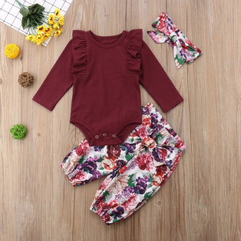 Set 3PCS Newborn Baby Girls Red Tops Solid Romper Floral Pants Headband Outfits All Seasons Set Clothes