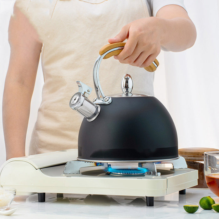 Bouilloire avec sifflet en acier inoxydable avec manche en bois