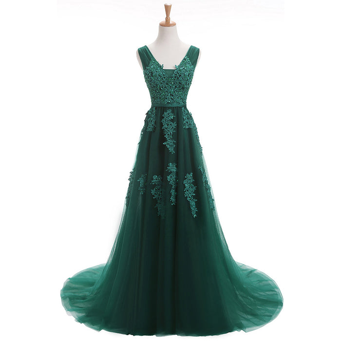 Robe De Soiree SSYFashion Sexy Backless Long Evening Dresses The Bride Elegant Banquet Green Lace V-neck Formal Party Gown