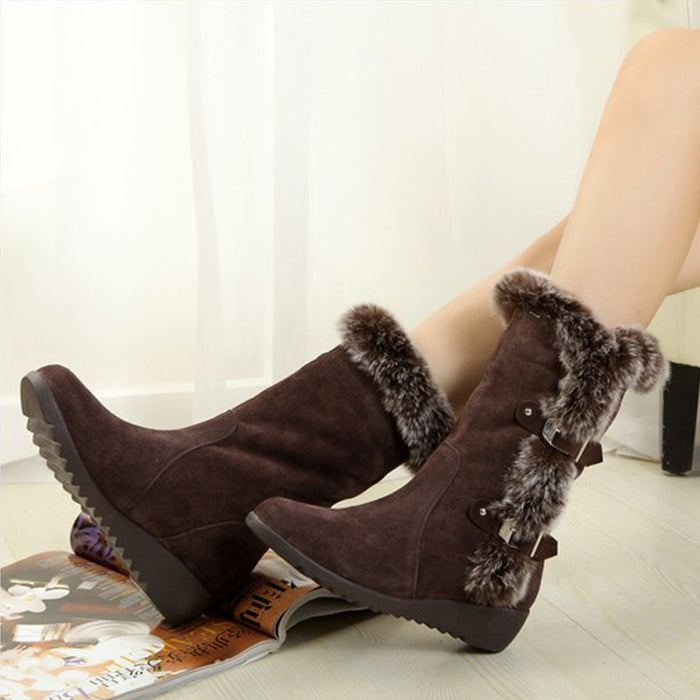 Marron nouveau hiver femmes décontracté chaud fourrure mi-mollet bottes chaussures femmes Slip-On bout rond chaussures plates bottes de neige chaussures