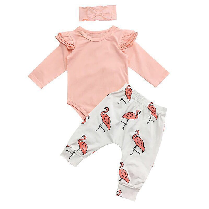 Bonito roupas da menina do bebê da criança crianças toposflamingo impressão calças leggings bandana 3 pçs conjunto infantil crianças meninas conjunto de roupas