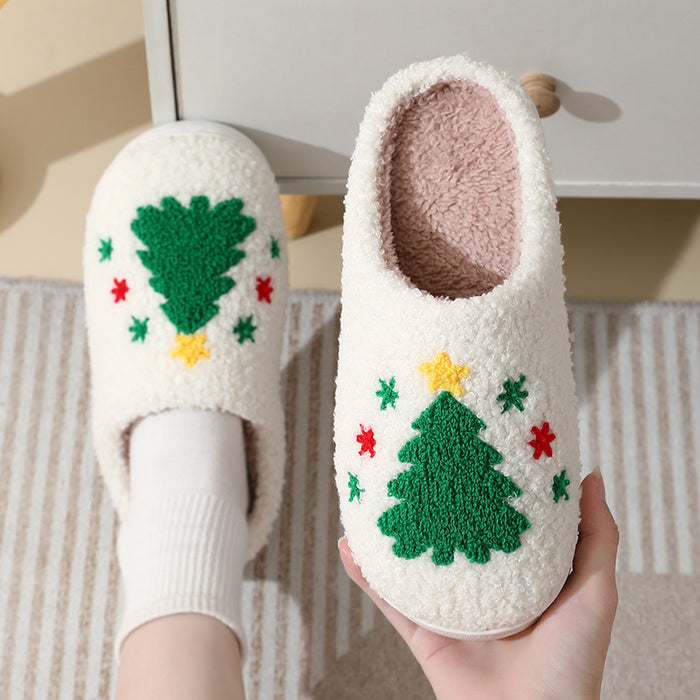 Zapatillas de casa navideñas, zapatillas de algodón con dibujos animados de Papá Noel para mujeres y hombres, parejas, zapatos peludos cálidos de invierno