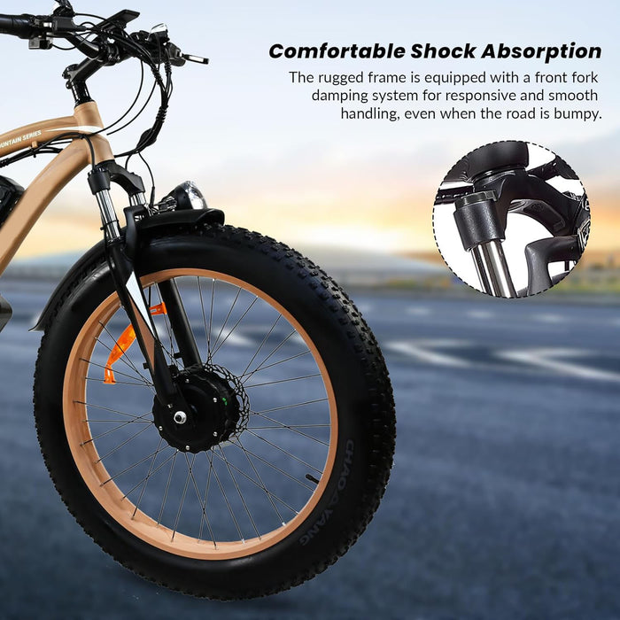 Khaki Electric Bike Adults 2000W - Electric Bike With 26 Inches Fat Tire 20AH Removable Battery, 21 Speed For Electric Mountain Ebike