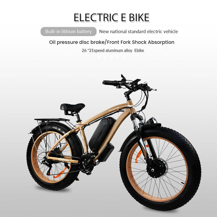 Bicicleta elétrica cáqui adultos 2000W - bicicleta elétrica com pneu gordo de 26 polegadas, bateria removível 20AH, 21 velocidades para bicicleta elétrica de montanha