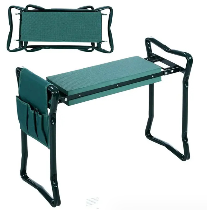 Foldable Outdoor Lawn Bench Chair With Tool Pouch Garden Rest