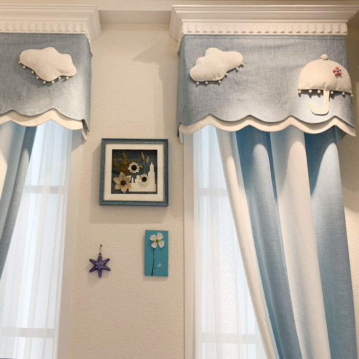 Cortina de chenilla de tela a rayas azules y blancas con hilo de nube para habitación de niños, luz sencilla y lujosa