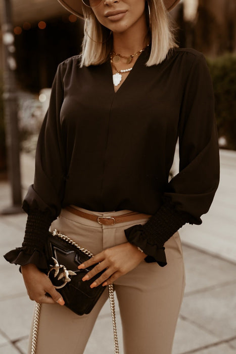 Chemise femme à col en V ornée de poignets simples de couleur pure
