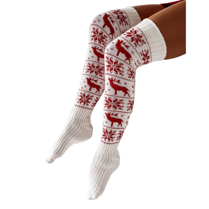 Femmes chaussettes longues noël femmes tricoté coton laine bas chaud cuisse haute sur le genou mignon cerf impression chaussettes torsion câble Crochet