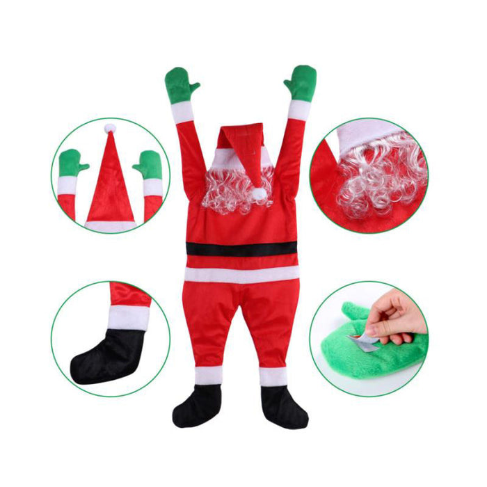 Papai Noel sobe na parede para decorar roupas, enfeites, presentes, decoração de Natal