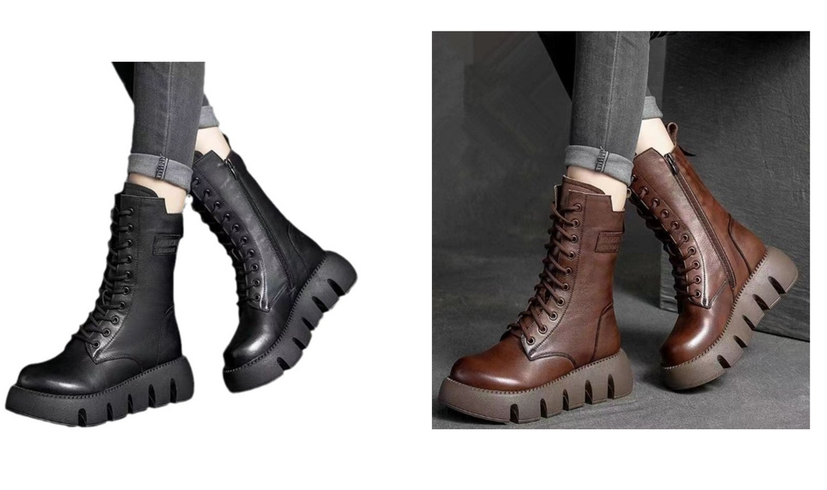 Botas retro para mujer Zapatos con cordones Otoño e invierno Botas británicas con hebilla alta versátiles