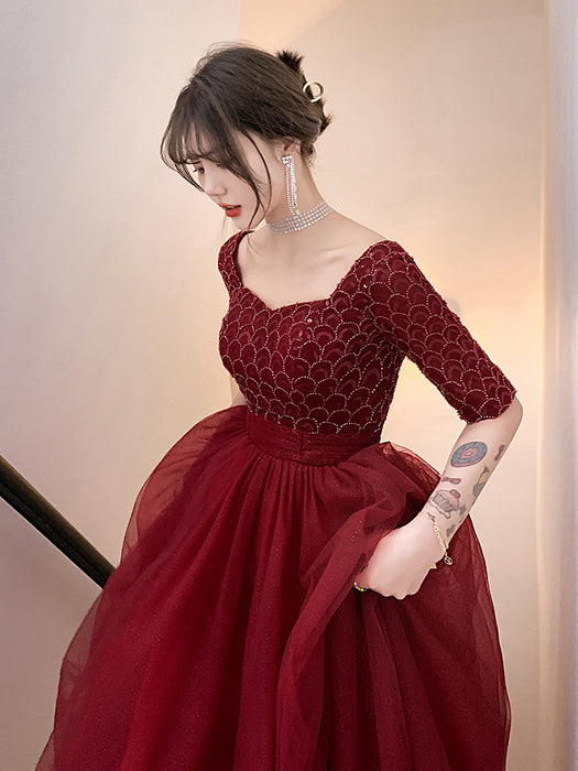 Vin rouge fiançailles porte arrière robe de soirée femme à manches longues