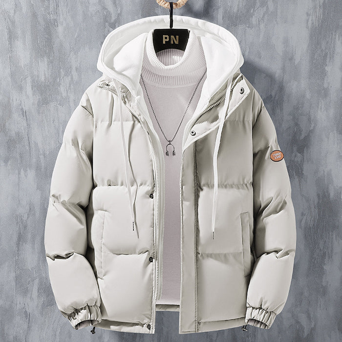 Moda com capuz jaqueta masculina inverno à prova de vento engrossado falso casaco de duas peças sólido lazer esportes jaqueta de algodão