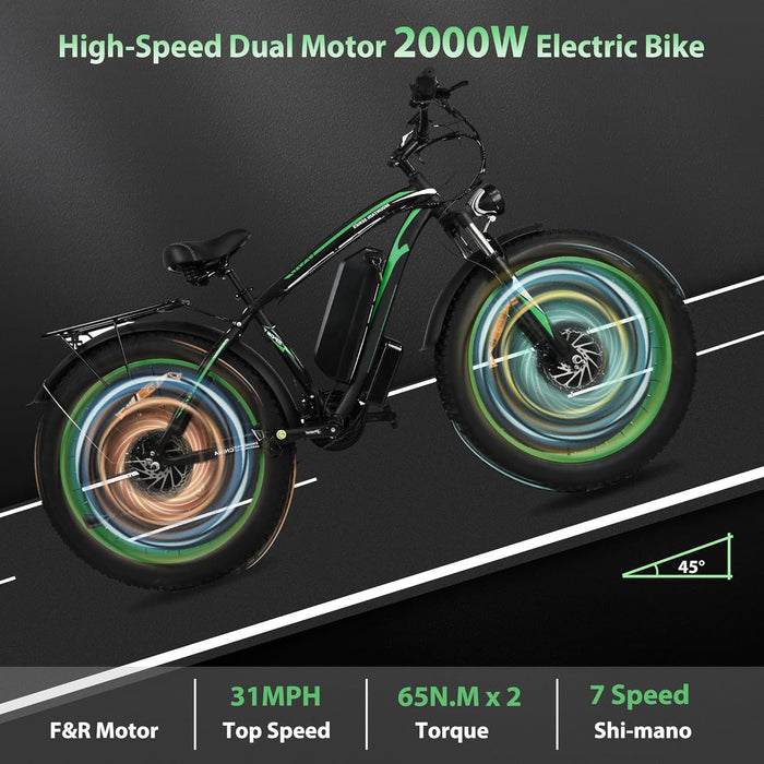 Bicicleta elétrica com motor de 2000 W para adultos - Bicicleta elétrica de 31 MPH com pneu gordo de 26 polegadas, bateria removível de 20AH, freio a disco hidráulico de 21 velocidades