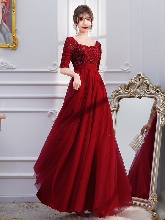 Vestido de noche de puerta trasera de compromiso rojo vino manga larga femenina