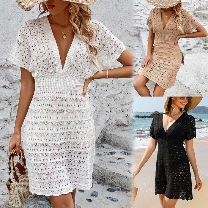 Knitted Deep V-Neck Spring & Summer Beach Dress with Wave Pattern