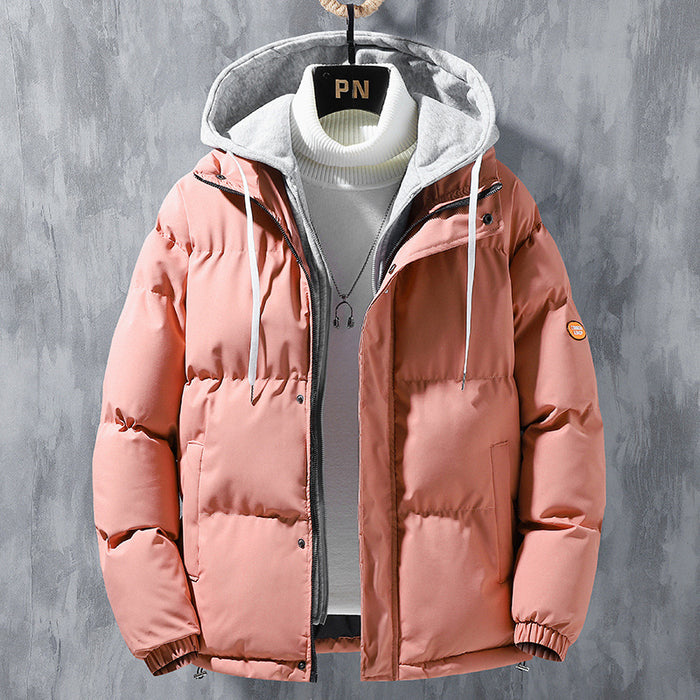 Moda com capuz jaqueta masculina inverno à prova de vento engrossado falso casaco de duas peças sólido lazer esportes jaqueta de algodão
