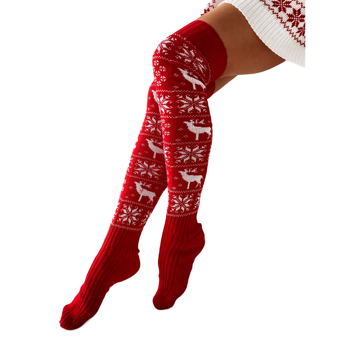 Calzini lunghi da donna Calza di lana di cotone lavorata a maglia da donna di Natale Calza alta sopra il ginocchio Calzini con stampa di cervi carini Cavo intrecciato all'uncinetto