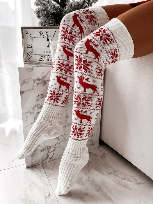 Calzini lunghi da donna Calza di lana di cotone lavorata a maglia da donna di Natale Calza alta sopra il ginocchio Calzini con stampa di cervi carini Cavo intrecciato all'uncinetto