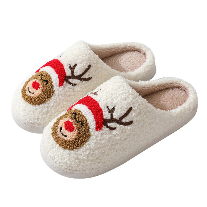 Zapatillas de casa navideñas, zapatillas de algodón con dibujos animados de Papá Noel para mujeres y hombres, parejas, zapatos peludos cálidos de invierno