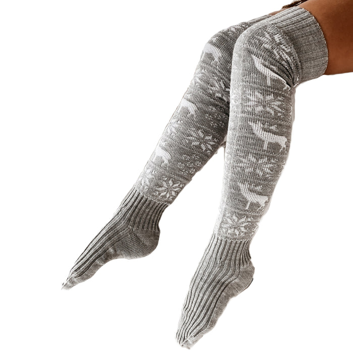 Mulheres meias longas natal feminino malha de algodão lã meia quente coxa alta sobre o joelho bonito veado impressão meias torção cabo crochê