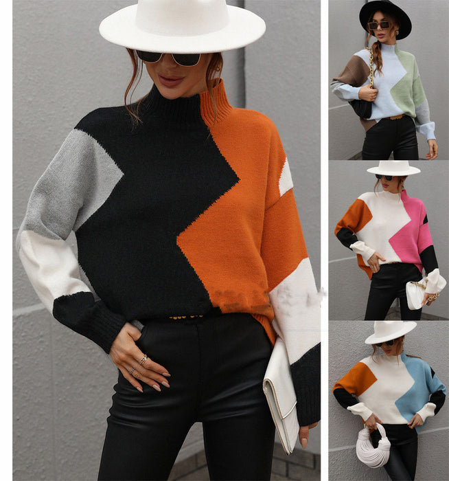 Suéter de punto holgado con cuello redondo y bloques de color nuevo para mujer