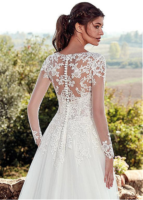 Robe de mariée simple en dentelle, col en U, manches longues, ligne a, longue queue