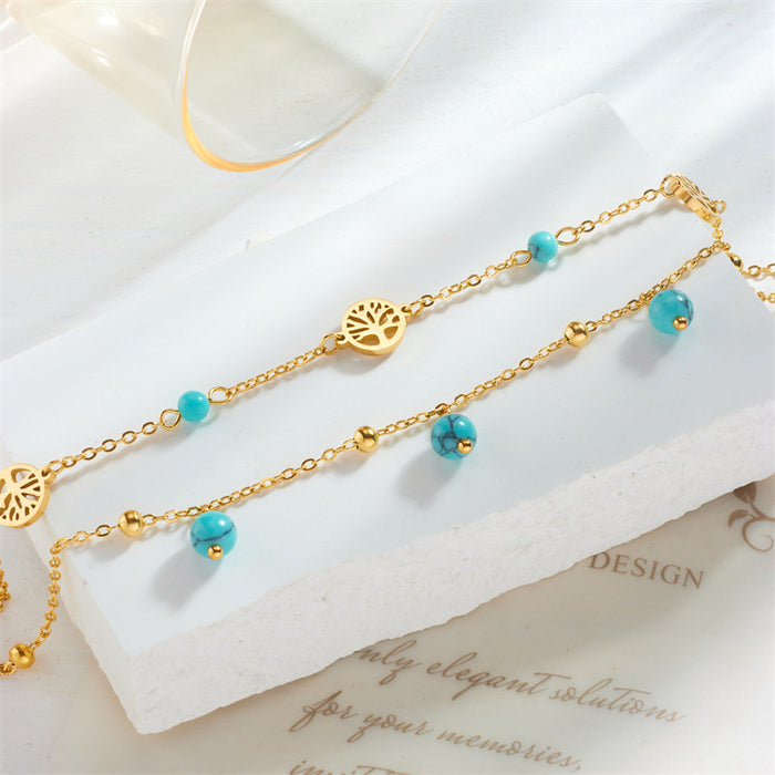 Turquoise Pendant Lucky Tree Connecting Double Layer Bracelet