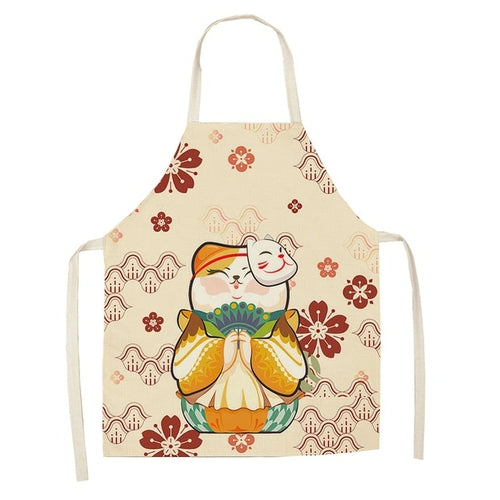 Cotton and linen apron, Japanese cartoon calico cat cooking sleeveless