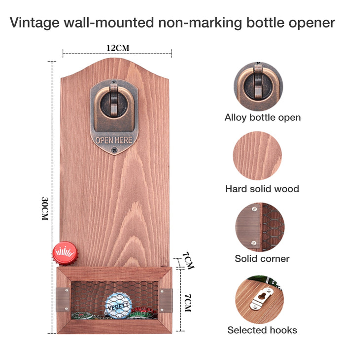 Küchen-Flaschenöffner, rustikales, an der Wand befestigtes, offenes Werkzeug aus Holz mit Kappe