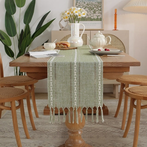 Rustikale Tischläufer mit handgefertigter Quaste, gewebtes Vintage-Baumwollleinen