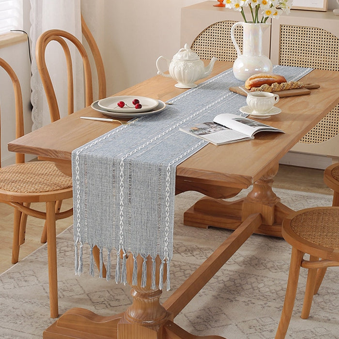 Rustikale Tischläufer mit handgefertigter Quaste, gewebtes Vintage-Baumwollleinen