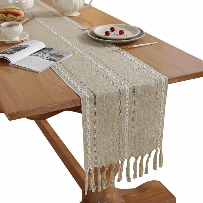 Rustic table runner with handmade tassel, woven vintage cotton linen