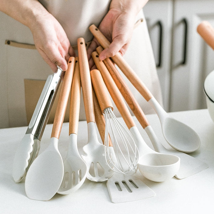 Silicone spatula wooden handle | Silicone kitchen utensil set -