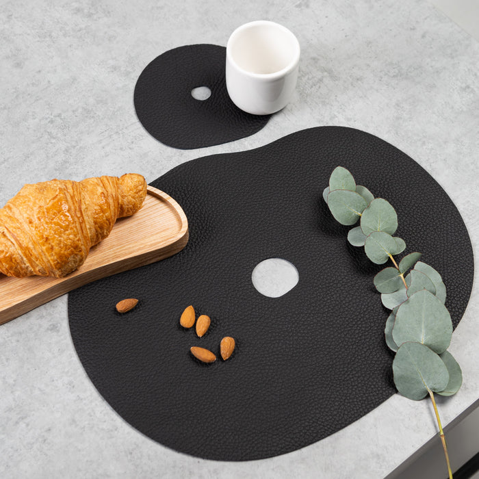 Placemat and coasters made of natural leather, black